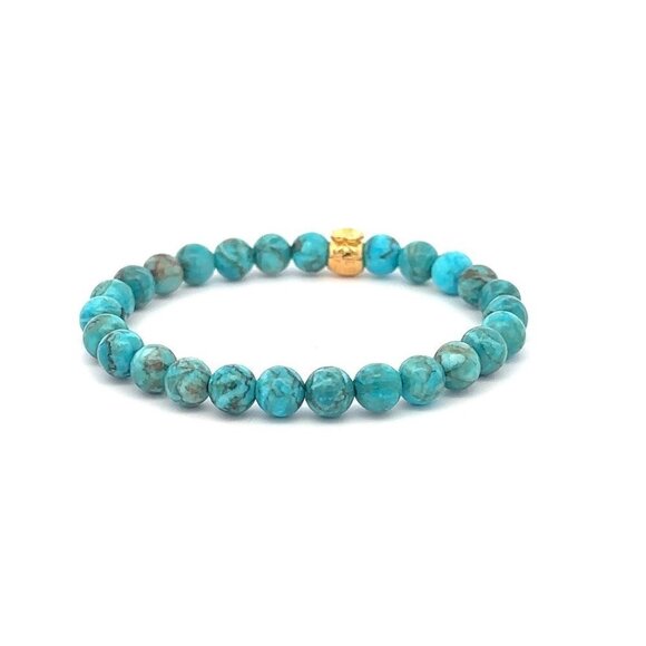 18K Gold Money Bag Turquoise Gemstones 6mm Lucky Charm Elastic Bracelet - Picture 4 of 5